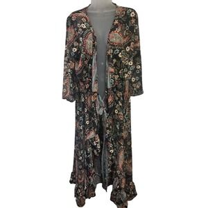 CIENNA Black‎ Paisley Floral Print Maxi Kimono Duster Robe Boho Festival Size L